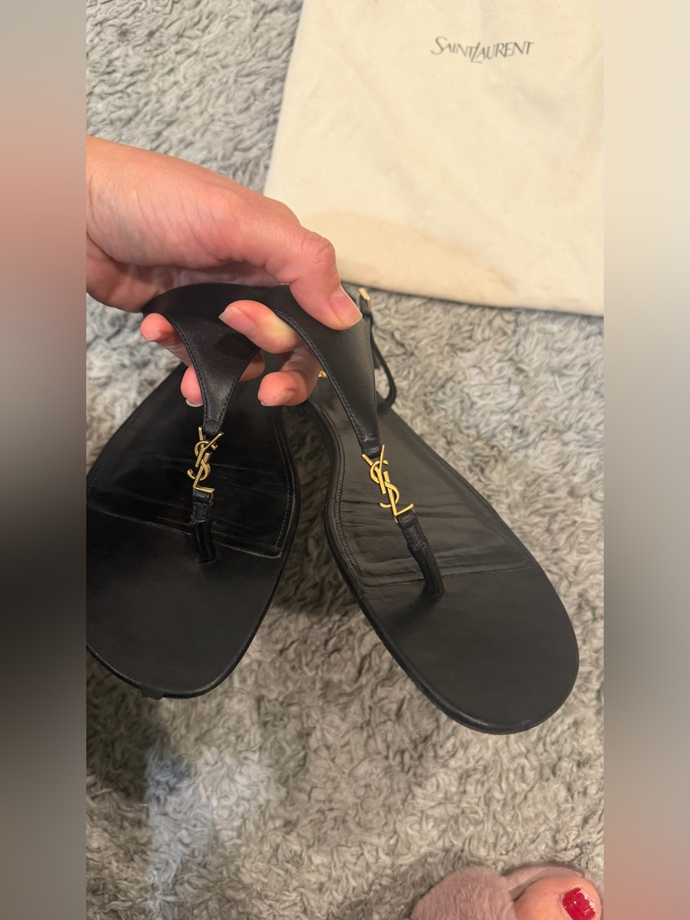 Saint Laurent Black Leather Thong Sandals with Gold YSL Accent. Size 39
